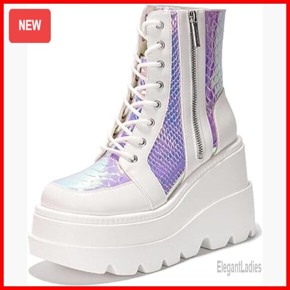 Shoes - Women's Platform Ankle Boots Chunky Heel Lace Up Zipper Closure